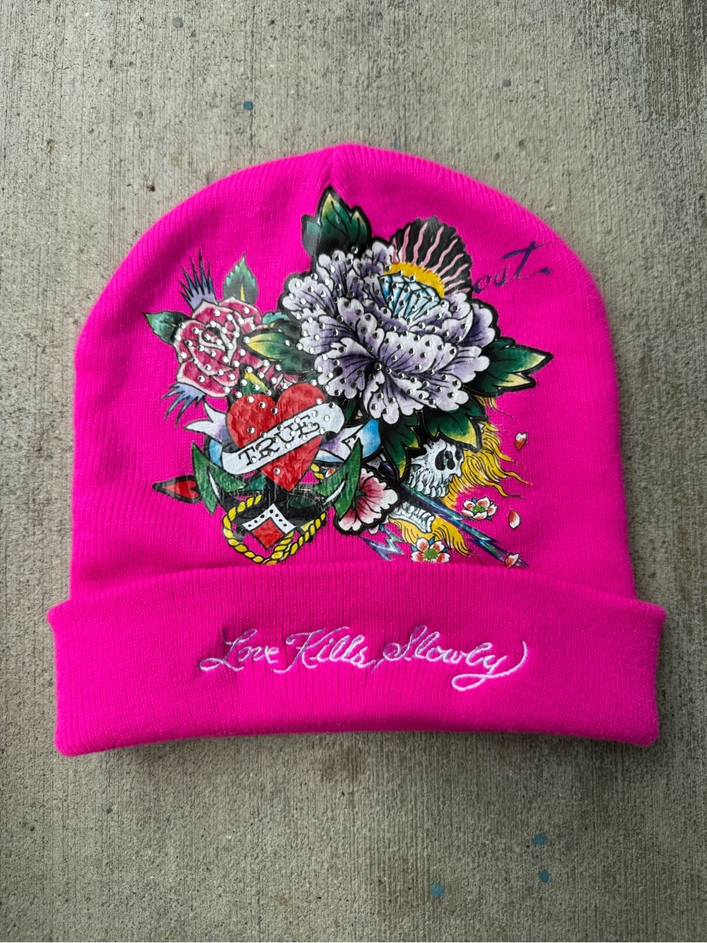 Ed Hardy Pink Knit Beanie Hat Acrylic Stretch Love Kills Slowly Skull Floral
